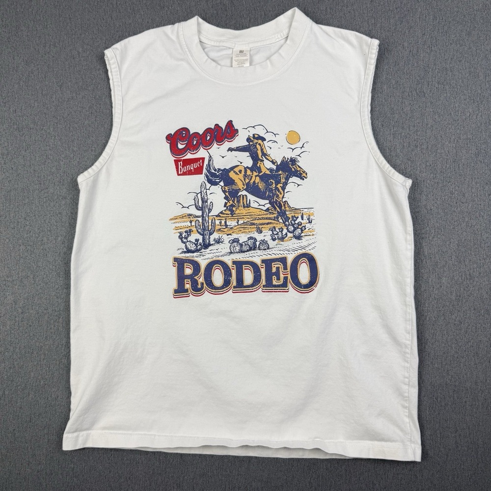 Coors Banquet Western Rodeo Cowboy White Cut Off Tank Mens Medium